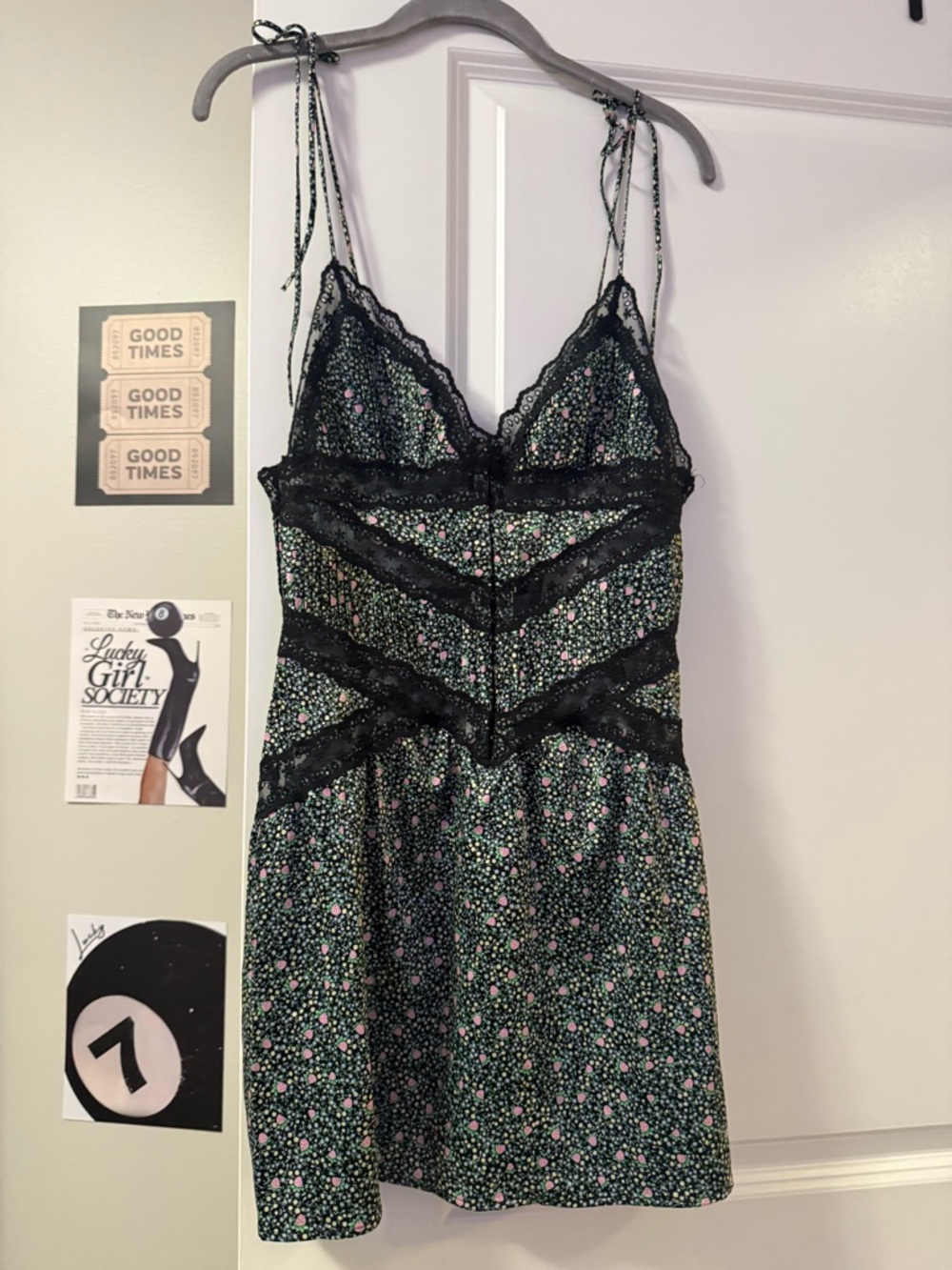 For Love & Lemons Floral Lace-Trim Slip Dress in Black & Pink
